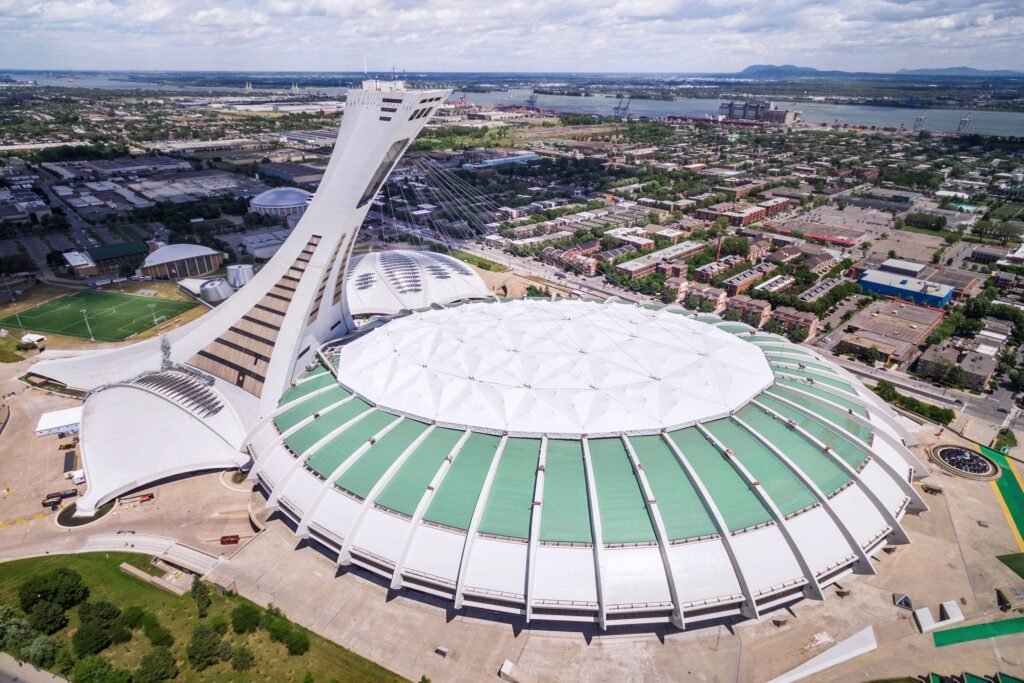 Aerial view of the Montreal Olympic Stadium in Montreal, Quebec, Canada.