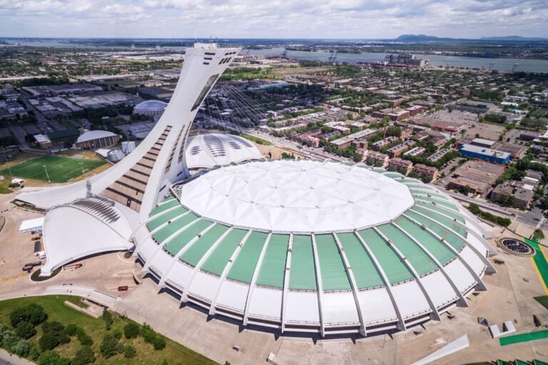 Aerial view of the Montreal Olympic Stadium in Montreal, Quebec, Canada.