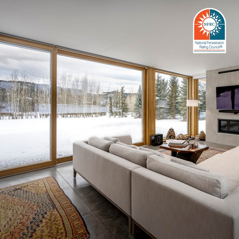 Sliding door with Snowy landscape behind it.